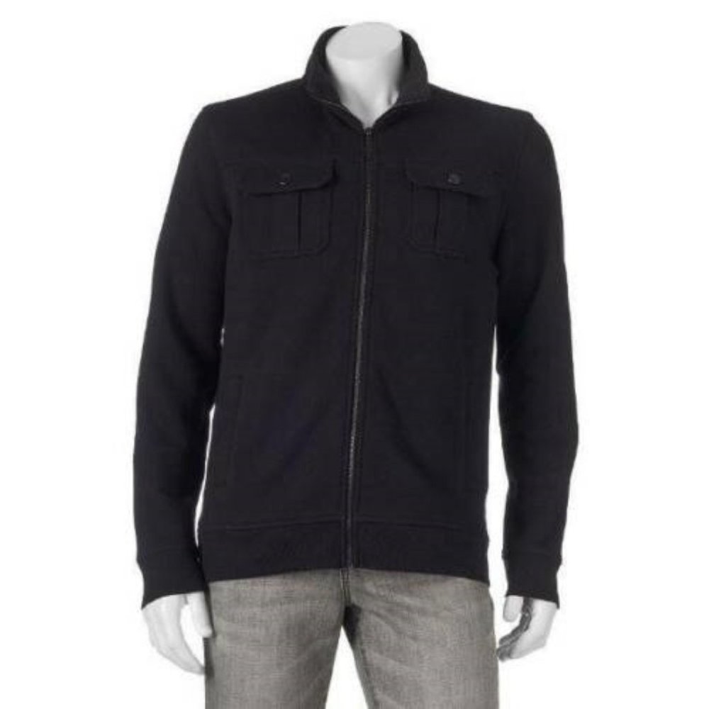 Apt 9 Military Jacket Mens MT Tall Black Marled Fleece Zip Up Mock Neck